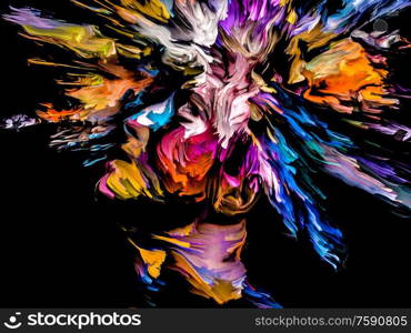 Painter&rsquo;s Mind. Face Paint series. Composition of colorful portrait of young woman with hair burst in association with creativity, imagination, painting and visual art