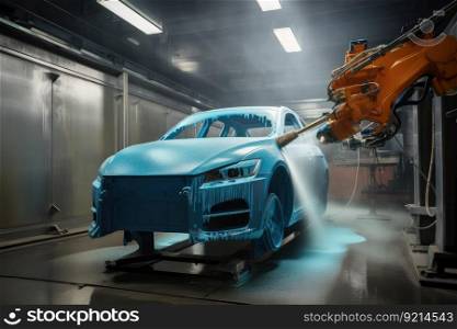 painting and coating system spraying paint onto car, with robotic arm moving in precise motion, created with generative ai. painting and coating system spraying paint onto car, with robotic arm moving in precise motion
