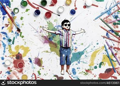 Painting as imagination development. Colorful conceptual image of children drawing and painting concept