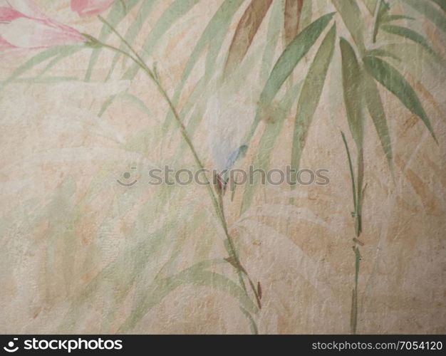 Painting blossoming White and pink flowers with gray leaves on a beige background.