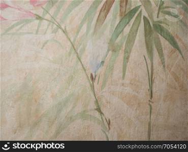 Painting blossoming White and pink flowers with gray leaves on a beige background.