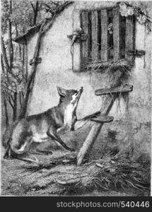 Painting Exhibition of 1857, The Fox and the Grape, vintage engraved illustration. Magasin Pittoresque 1857.