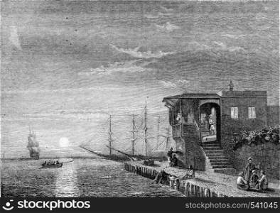 Painting Exhibition of 1857, Turkish coffee to the island of Rhodes, vintage engraved illustration. Magasin Pittoresque 1857.