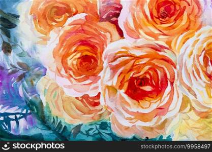Painting flora art watercolor landscape original  illustration orange,red color of roses and emotion beauty in nature  season or abstract  background. Hand painted, Greeting cards on special occasions.