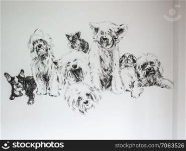 Painting group of dogs with rabbit, black and white acrylic on gray cement wall background.for decoration or the memorial of pet with owner.
