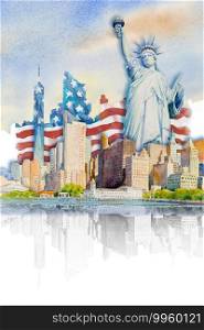 Painting landmark travel in USA. Statue Liberty, Famous landmarks of the world. Watercolor paintings skyscraper architecture and business city in flag background. Painted illustration tourism location