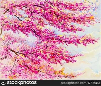 Painting landscape watercolor original colorful of wild himalayan cherry on the beautyful mountain rang and emotion in blue sky background
