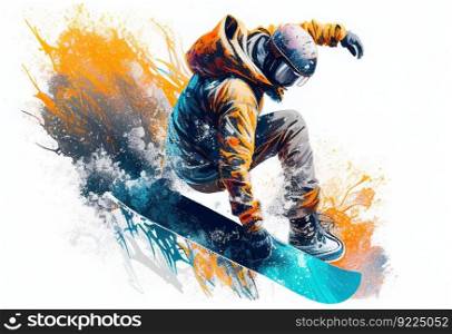 Painting of a snowboarding on white background illustration. AI generative.