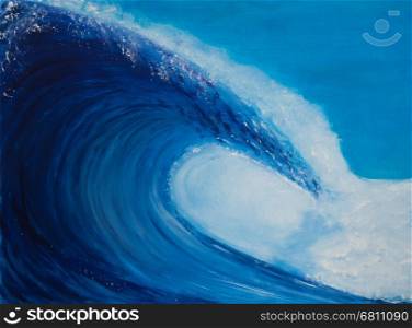 Painting of a very large wave, blue