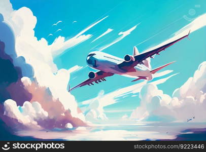 Painting of airplane is flying above illustration. AI generative.