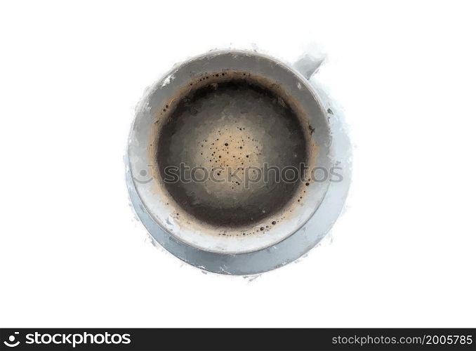 Painting of black coffee in a coffee cup top view isolated on white background. with clipping path.