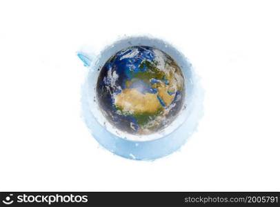 Painting of black coffee of cup of coffee with a shape of World. White background