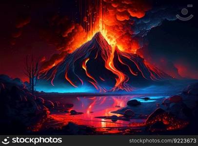 Painting of Night landscape with volcan illustration. AI generative. 