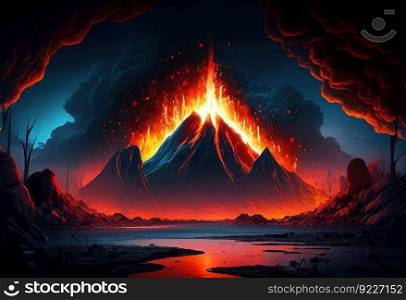 Painting of Night landscape with volcan illustration. AI generative. 