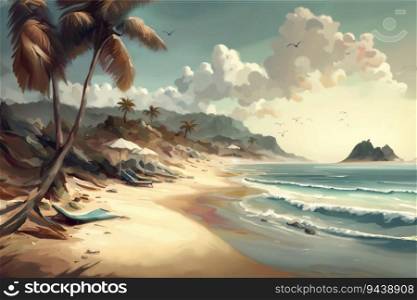 Painting of picturesque romantic beach setting, created with Generative AI technology