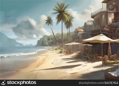 Painting of picturesque romantic beach vacation setting, created with Generative AI technology