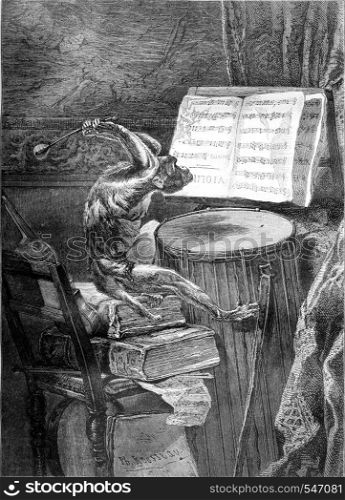 Painting Salon 1861, Chamber music, by Mr. Ph. Rousseau, vintage engraved illustration. Magasin Pittoresque 1861.