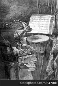Painting Salon 1861, Chamber music, by Mr. Ph. Rousseau, vintage engraved illustration. Magasin Pittoresque 1861.