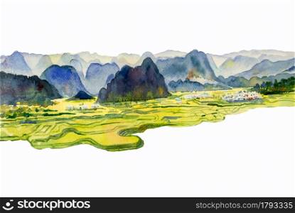 Paintings watercolor landscape original of village mountain hill, cornfield and meadow countryside. Hand painted illustration isolated on white ackground, beauty nature spring season.