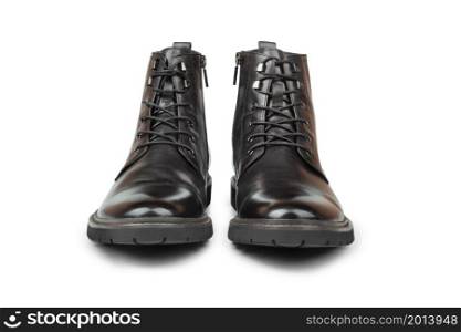 Pair Black boots leather for men isolated on white background