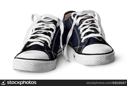 Pair blue athletic shoes near front view isolated on white background