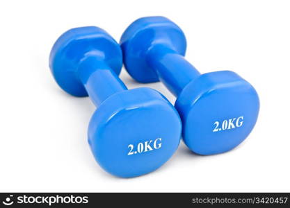 pair of 3 kg rubber dipped blue dumbbell, selective focus. 3 kg rubber dipped blue dumbbell, selective focus