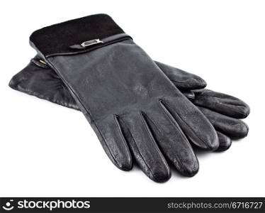 pair of black female&rsquo;s leather gloves isolated on white