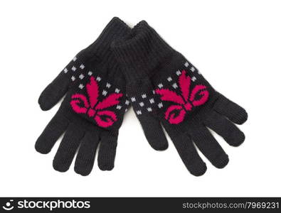 Pair of black knitted gloves with a red pattern. Isolate on white.