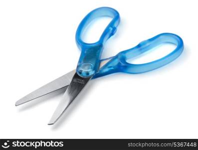 Pair of blue handled scissors isolated on white