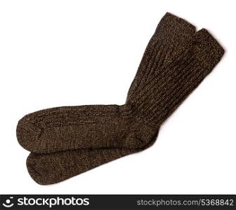Pair of brown knit wool socks isolated on white