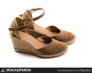 Pair of brown suede women&rsquo;s shoes. Isolate on white.