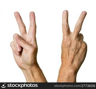 Pair of caucasian hands in V sign of senior middle aged male isolated against white
