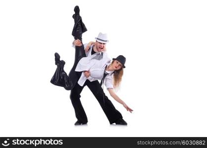 Pair of dancers dancing modern dance isolated on white