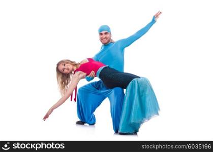Pair of dancers dancing modern dance isolated on white