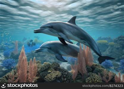 Pair of dolphins swimming together in clear waters of the ocean on World Oceans Day. These graceful and playful mammals are a reminder of the importance of ocean conservation efforts. AI Generative.