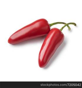 Pair of fresh red Jalapeno pepper isolated on white background