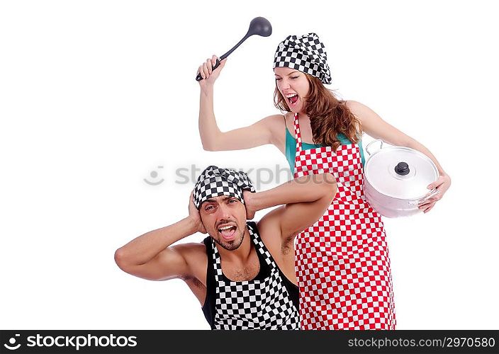 Pair of funny cooks on white