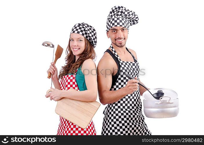Pair of funny cooks on white