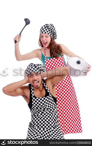 Pair of funny cooks on white