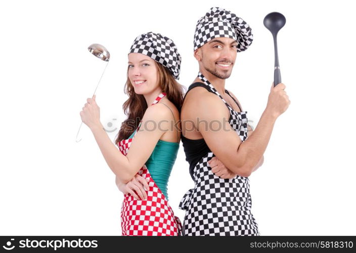 Pair of funny cooks on white