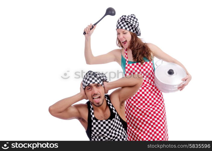 Pair of funny cooks on white