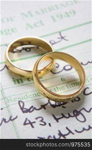Pair Of Gold Wedding Rings On Marriage Certificate