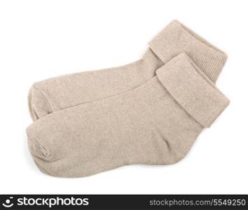 Pair of grey cotton socks isolated on white