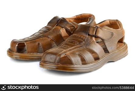 Pair of mens leather sandals isolated on white