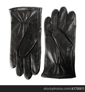Pair of new men&rsquo;s black leather gloves isolated on white.