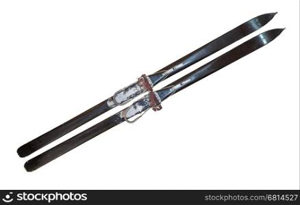 Pair of old wooden skis, isolated on white background