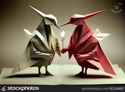 Pair of origami birds in love illustration. AI generative.