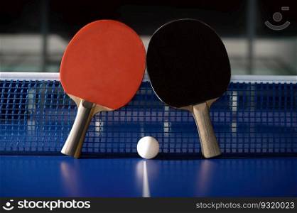 Pair of racket and ball on tennis table against grid net in sport hall. Professional ping pong equipment. Pair of racket and ball on tennis table against grid net in sport hall