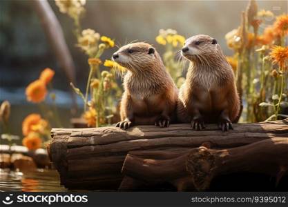 Pair of River Otters Sitting Together on a Tree Branch with Nature Background in Bright Day