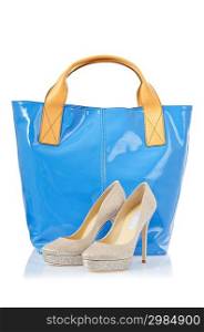Pair of shoes and bag on white